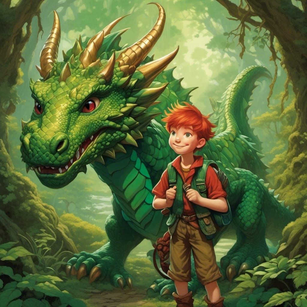 Boy and Dragon in Enchanted Forest