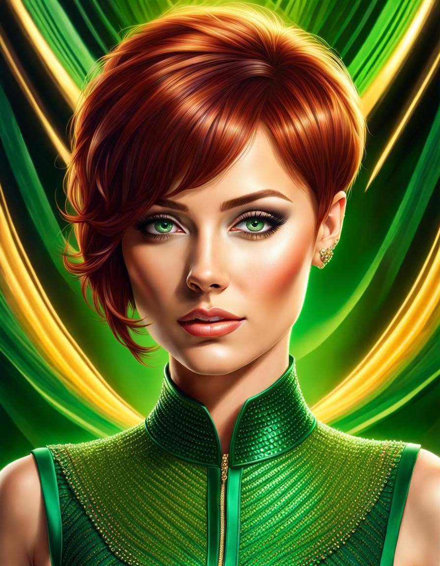 Airbrush Portrait of Woman in Emerald Green Dress