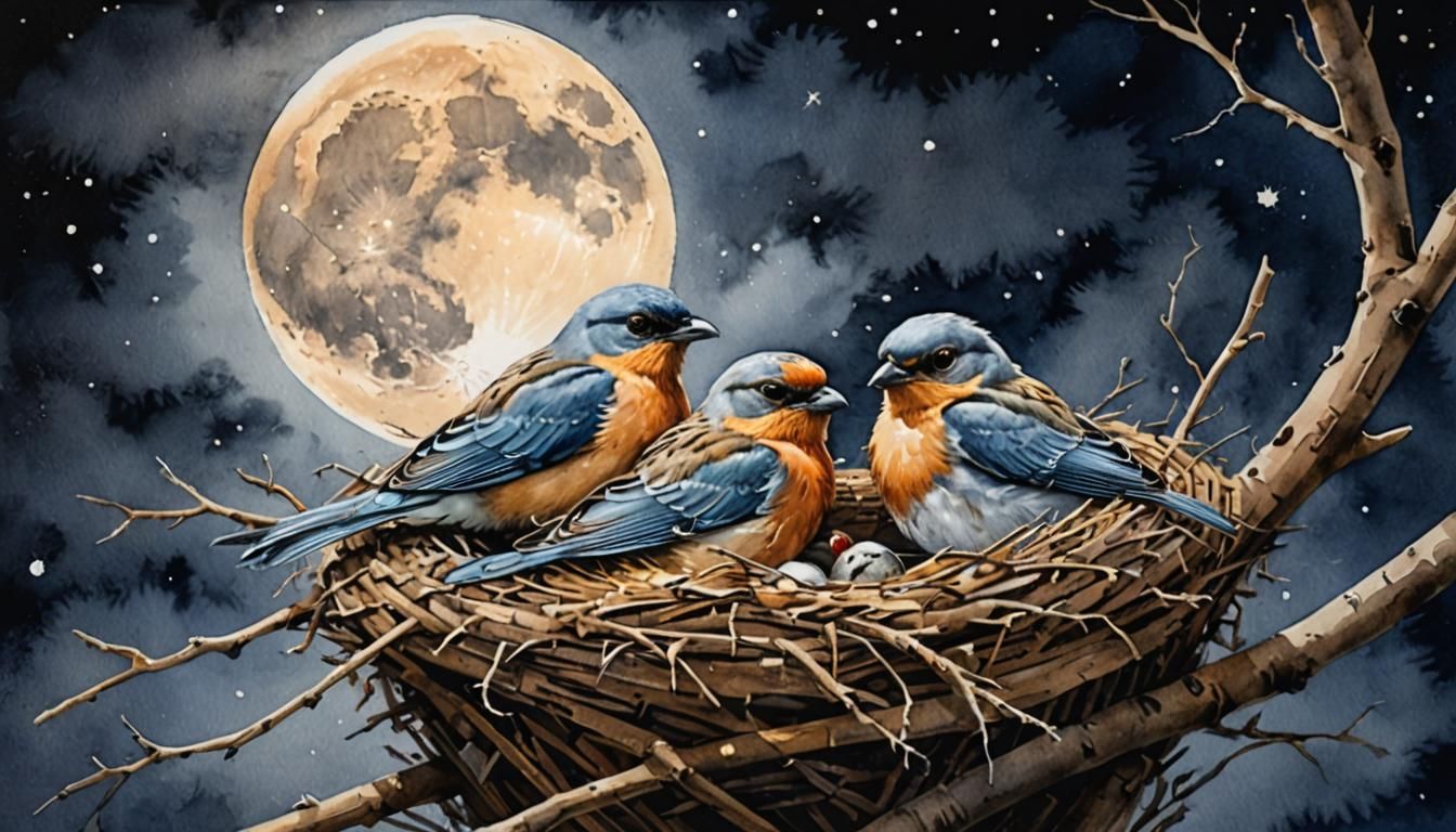 Birds Sleeping in Nest on Full Moon Night