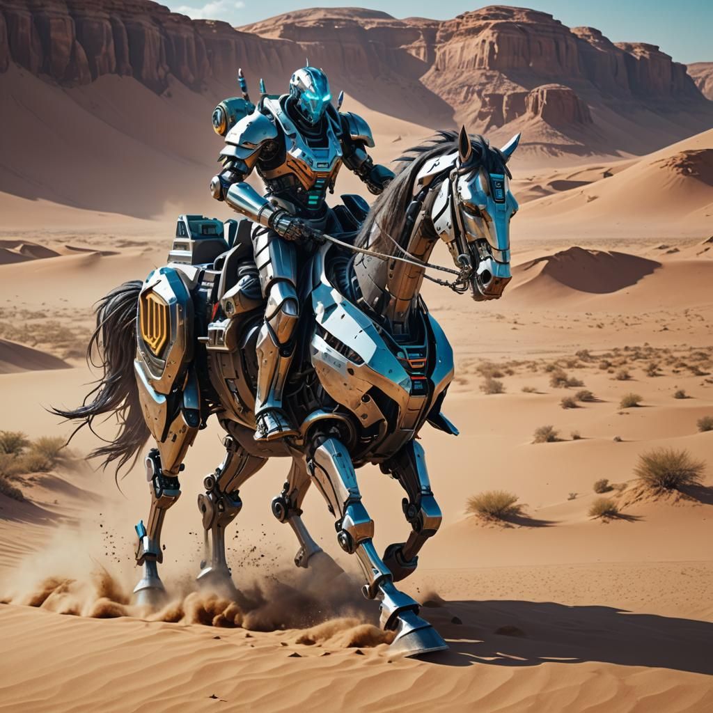 a menacing robot riding a horse