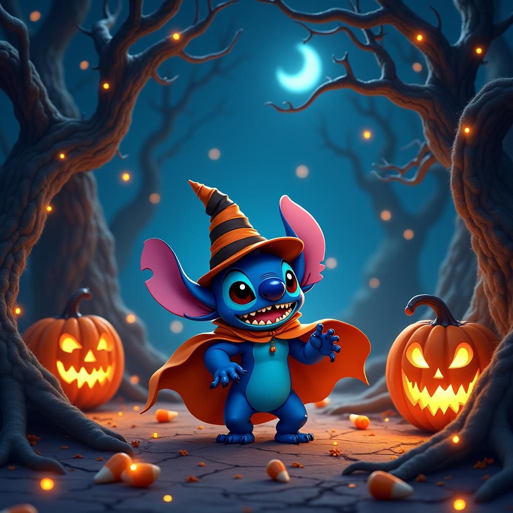 Cartoon Stitch Celebrates Halloween in Graveyard Scene
