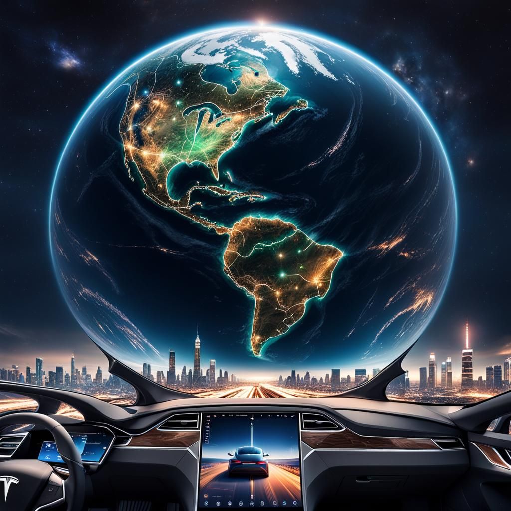 Tesla in Advanced Mars City with Space View