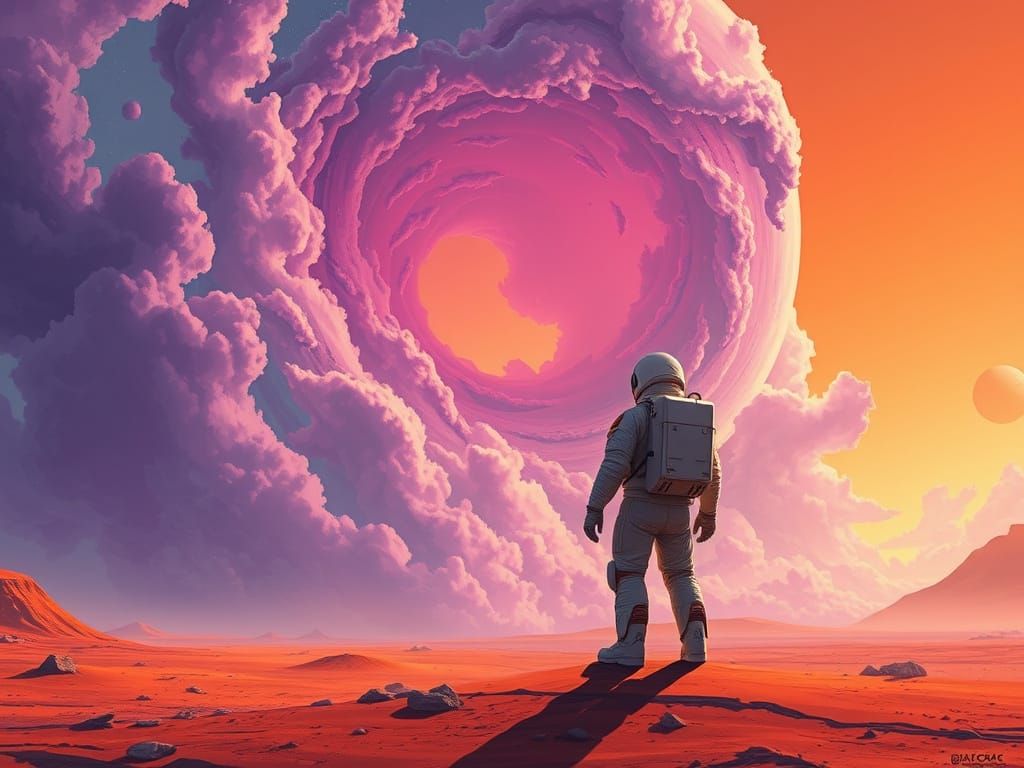 Astronaut Stares into Swirling Purple Vortex