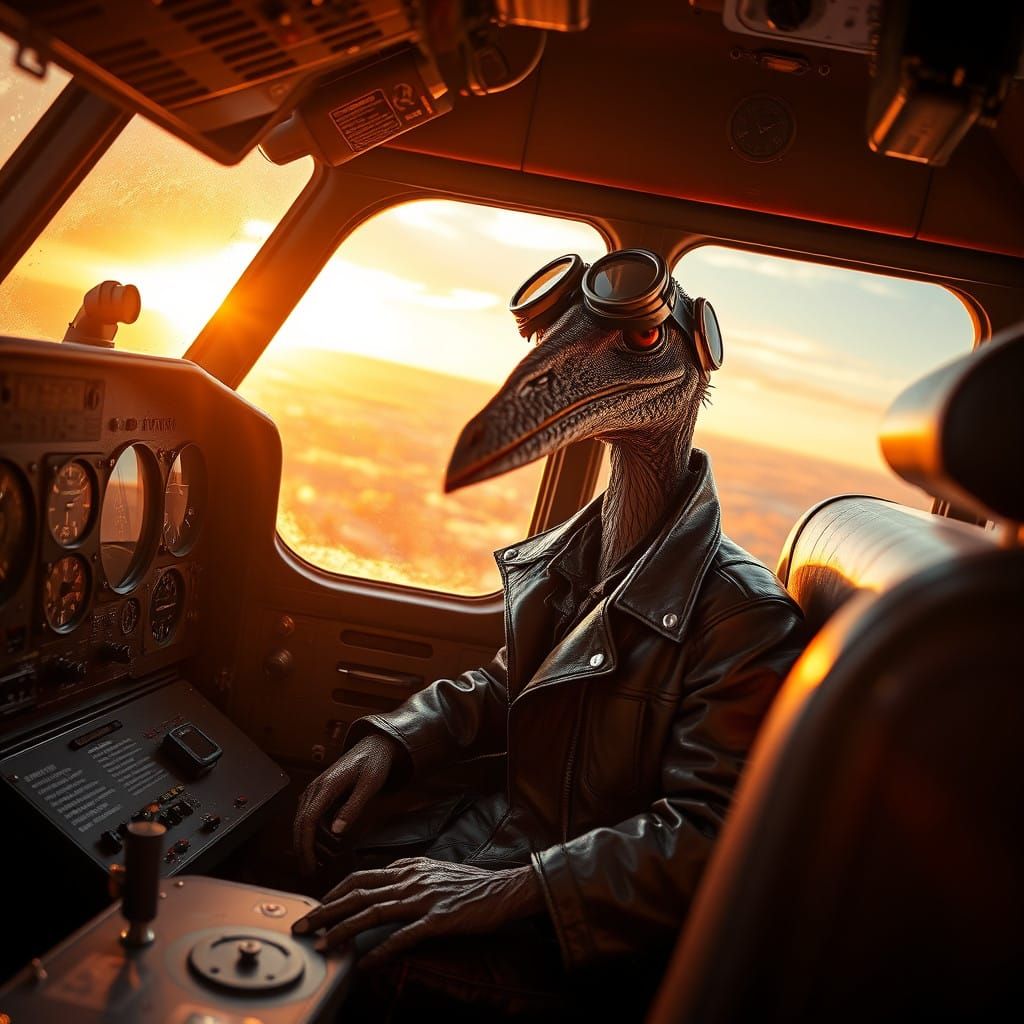 Vintage Pterodactyl Pilot Soars into the Fiery Sunset