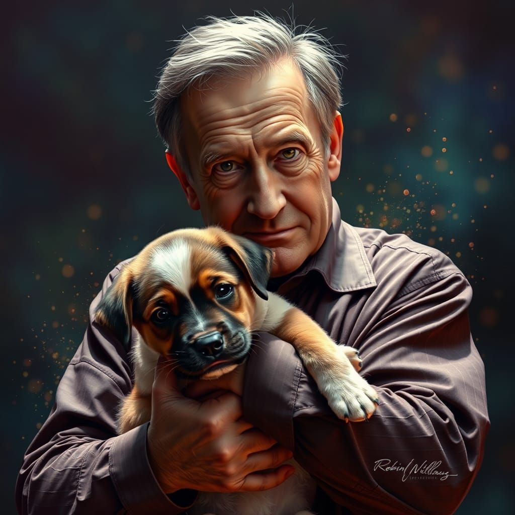 Hyperrealistic Portrait of Man Holding Puppy