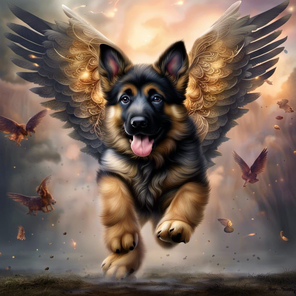 Winged German Shepherd Puppy: Detailed Matte Painting