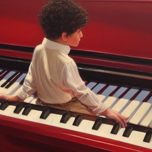 Boy Plays Piano in Concert Hall, Oil Painting
