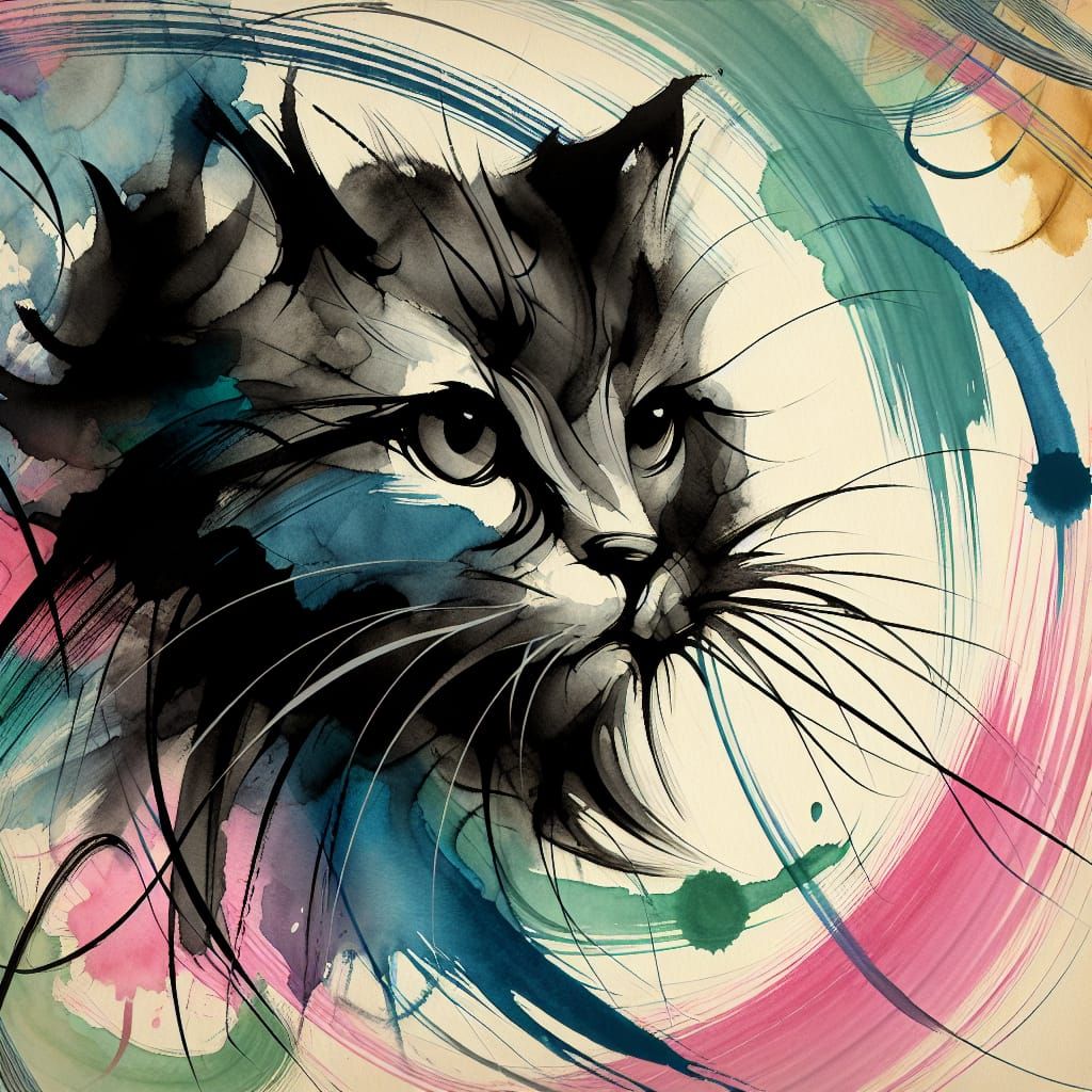 Abstract Cat in Sumi-e Style Ink Painting