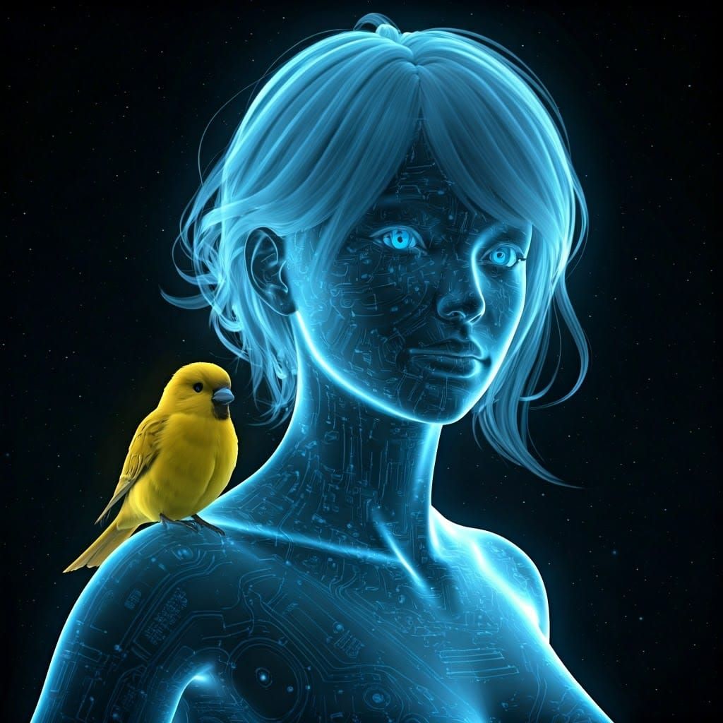 Surreal Cyberpunk Android Goddess with Bright Yellow Bird Co...