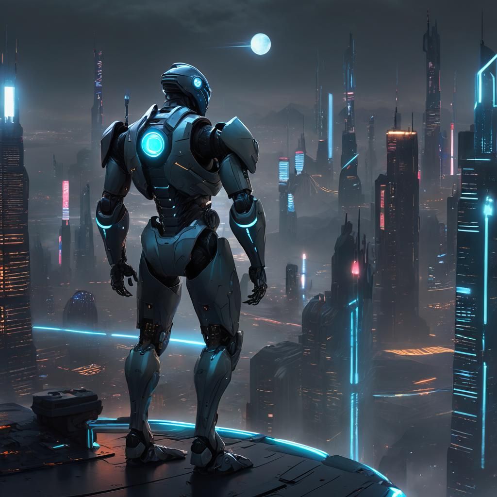 Futuristic Fighter Robot in Neon Metropolis