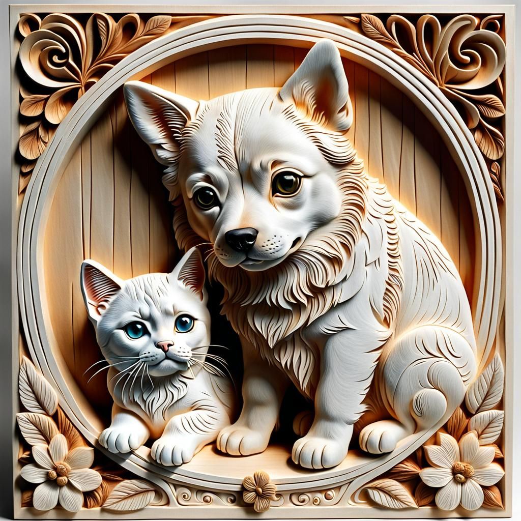 Hyperrealistic Carved Relief of Dog and Cat