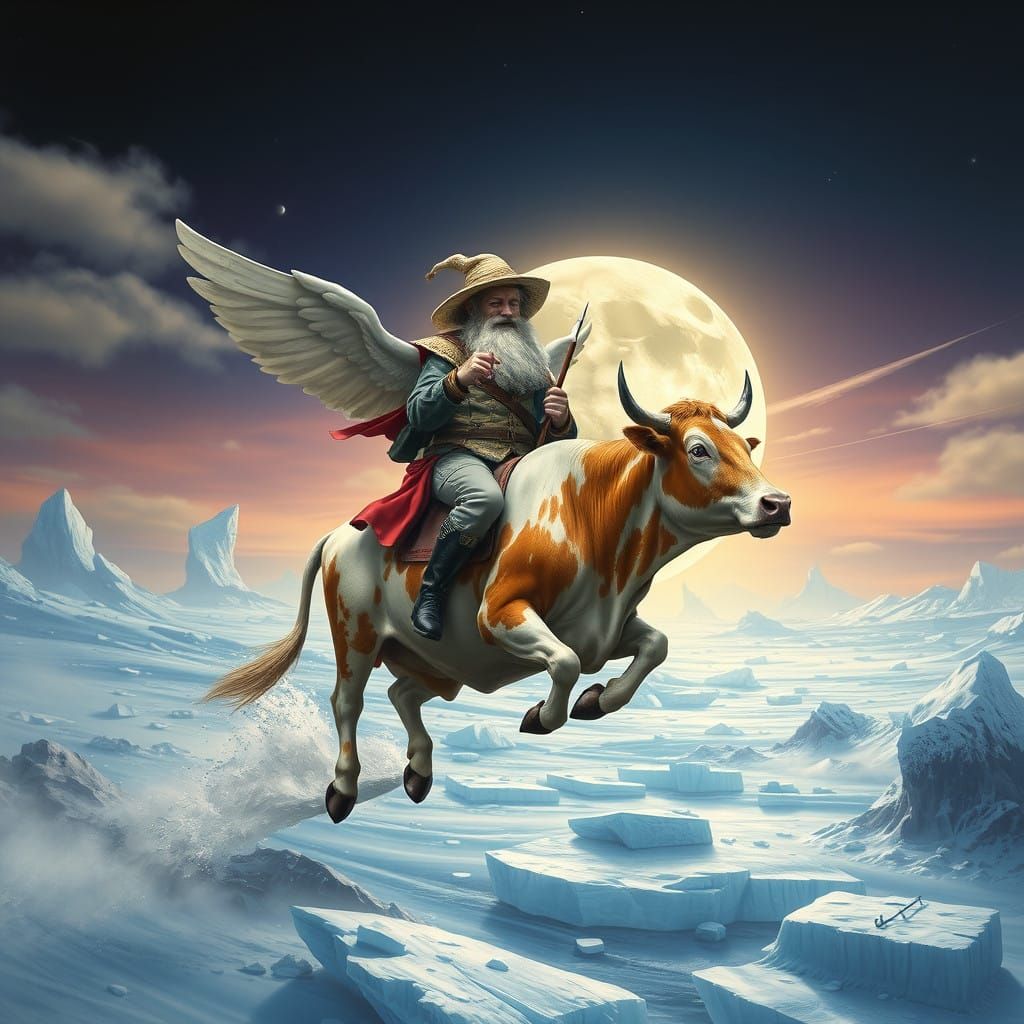 Philosopher Rides Majestic Flying Bovine Under Midwinter Sky