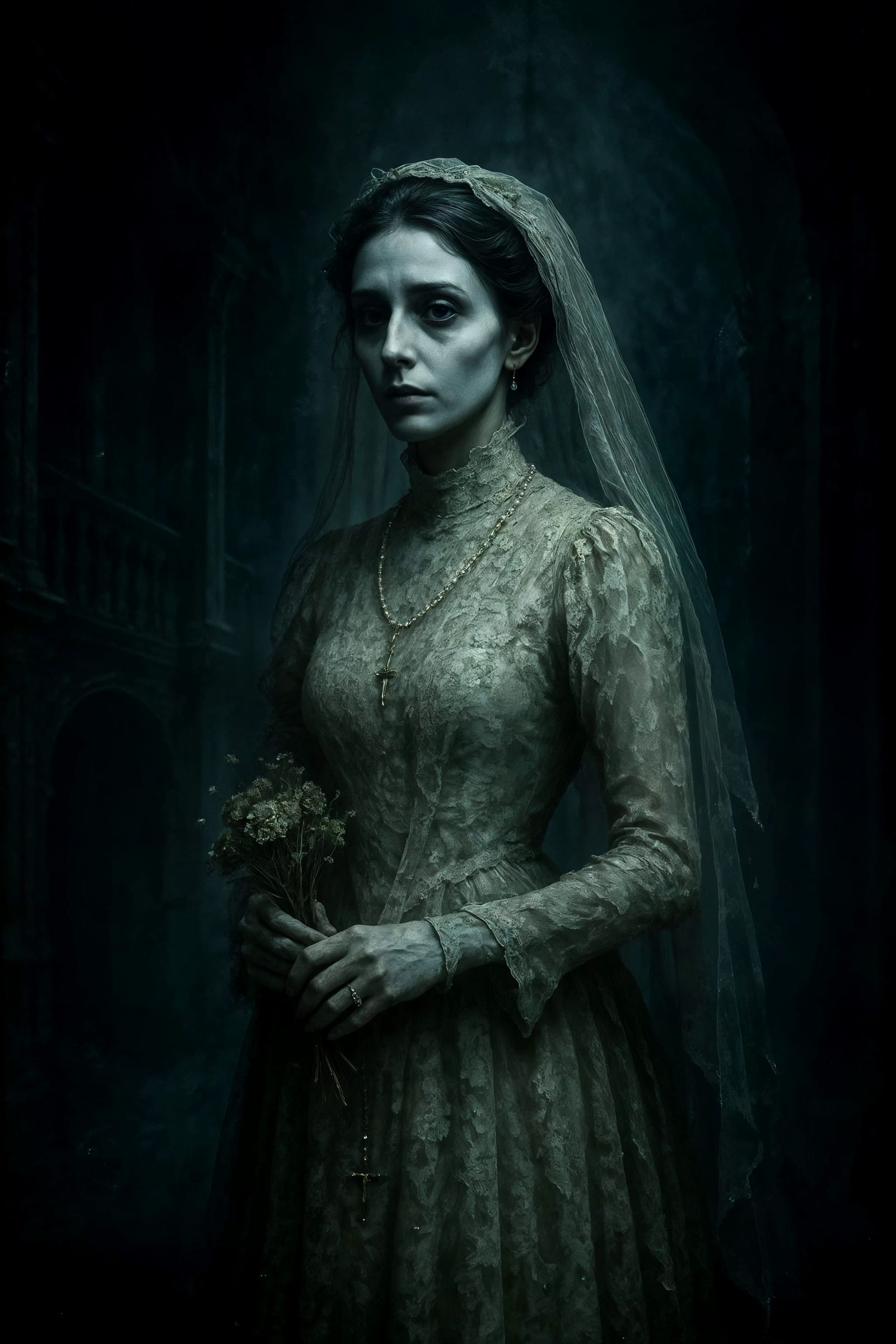 Spectral Bride in Decaying Gothic Manor