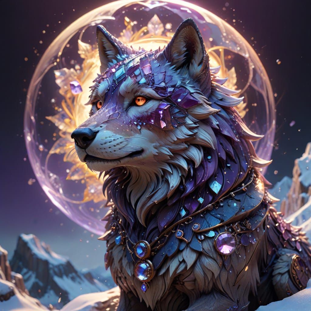 Amethyst Wolf on Snowy Peak in Art Nouveau Style