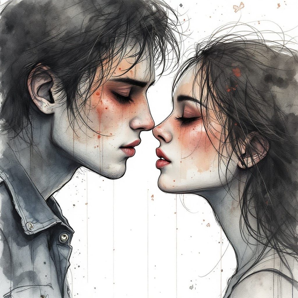 Ephemeral Watercolor Kiss in Fading Light