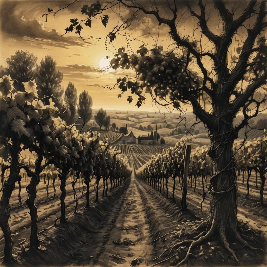 Impressionistic Vineyard Sunset Charcoal Sketch
