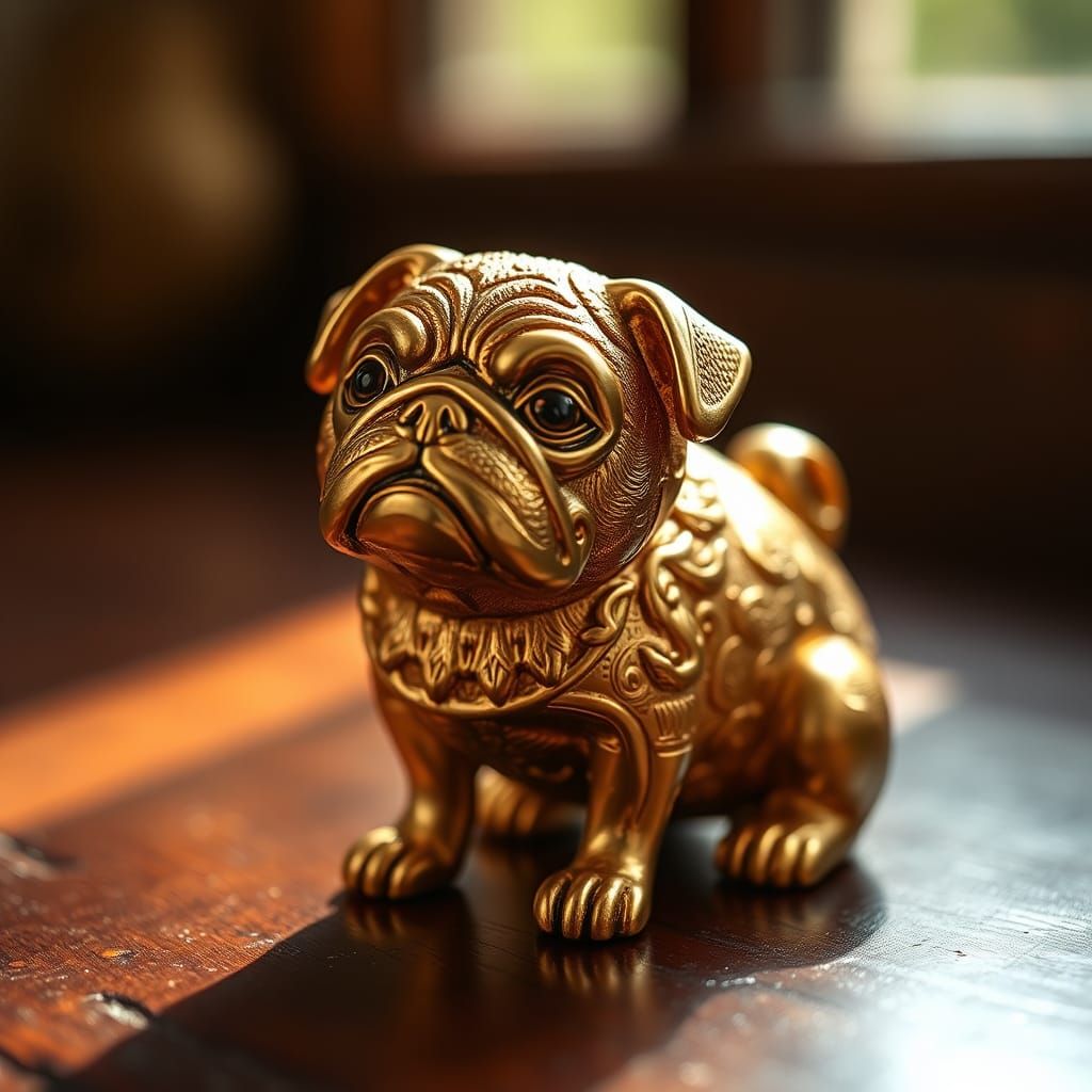 Ornate Golden Pug Figurine Still-Life Photograph