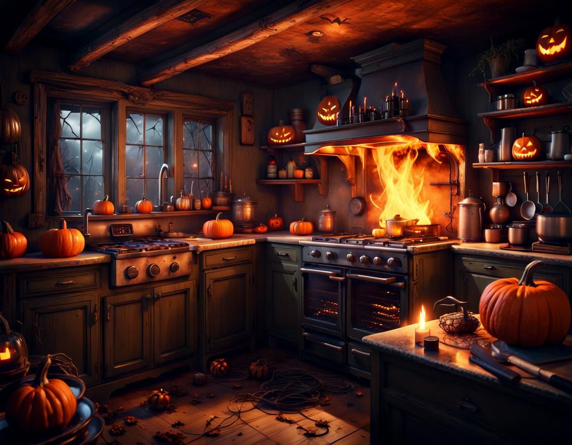 Spooky Halloween Kitchen with Haunted Toaster, Matte Paintin...