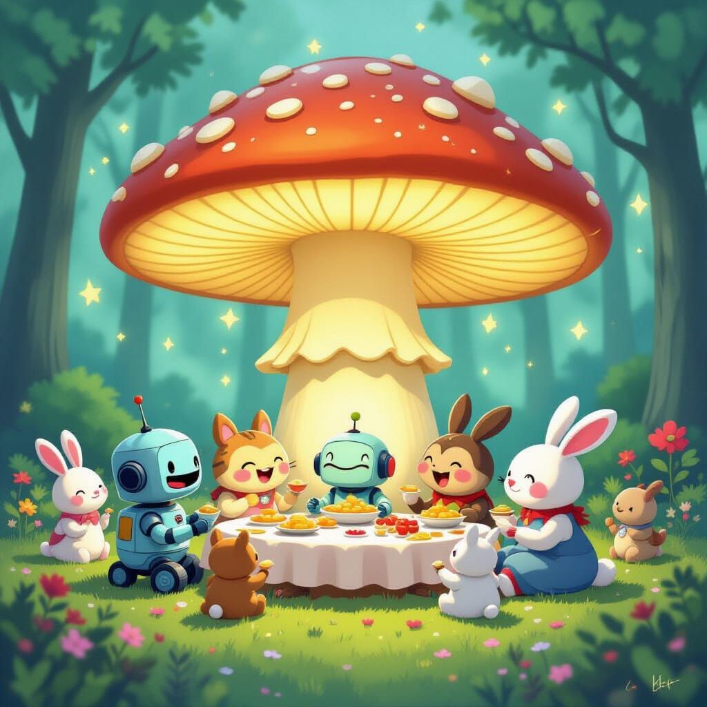 Fantastical Creatures Share Joyful Meal Under Glowing Mushro...