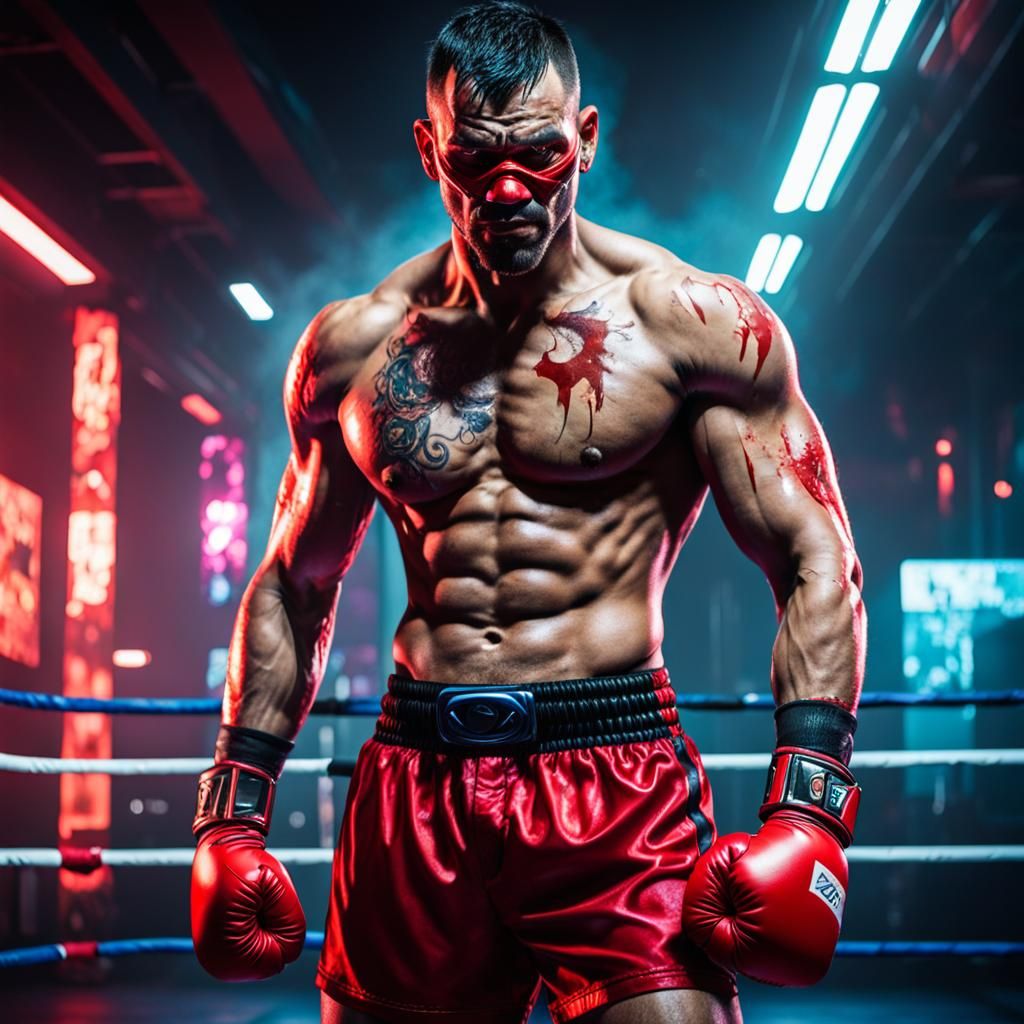 Cyberpunk Boxer with Broken Nose in Bright Ring