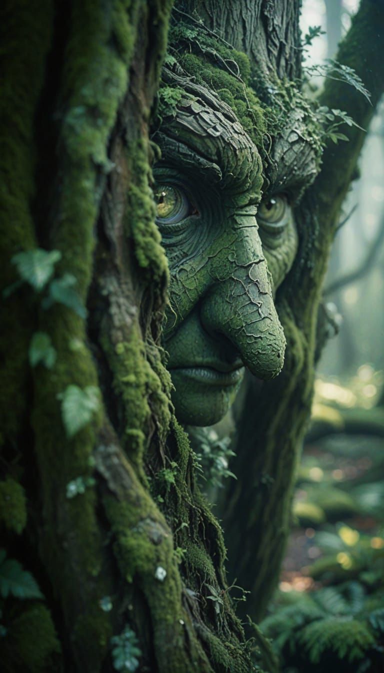 Ethereal Green-Skinned Humanoid in Muted Earthy Tones