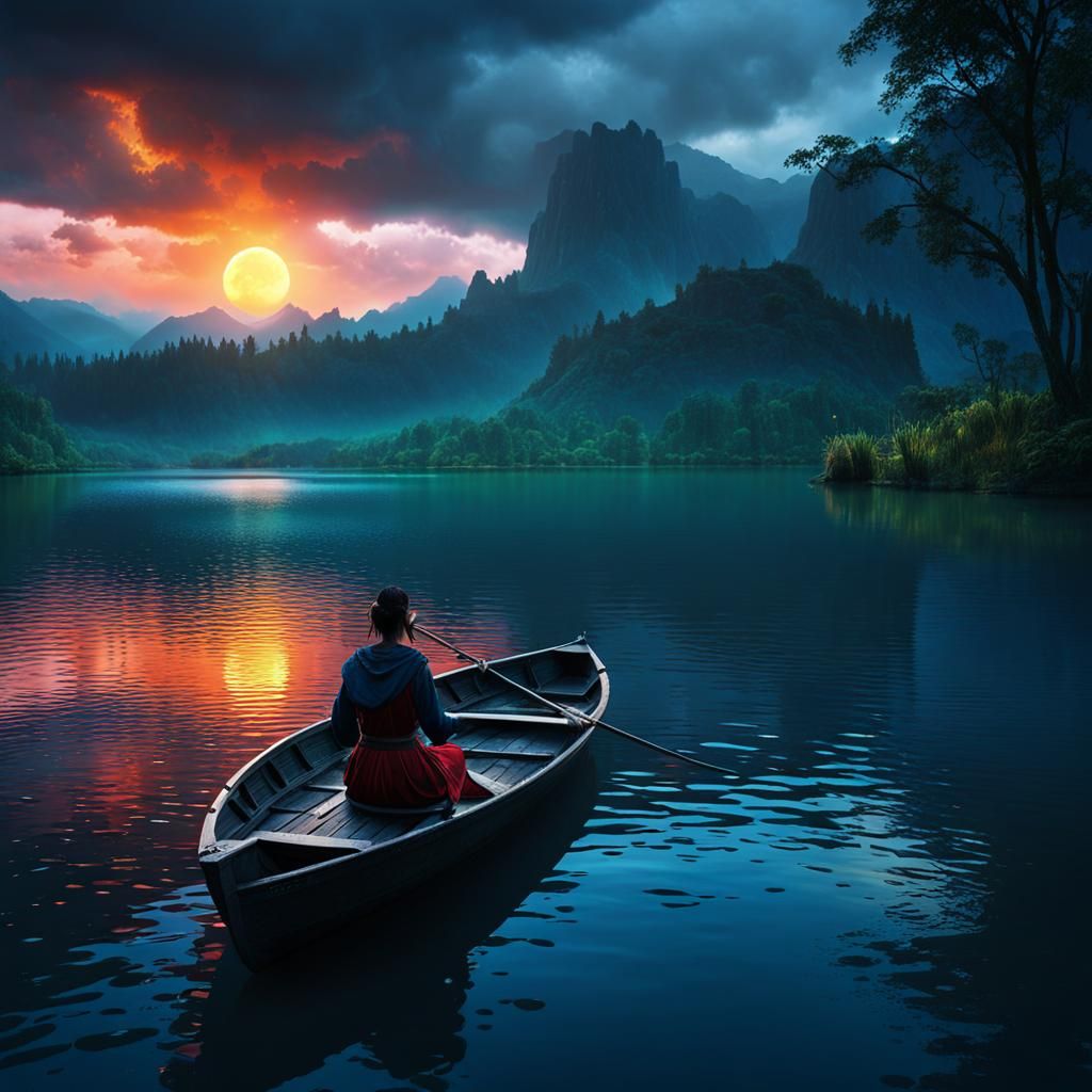 Lake Sunset with Rain, Detailed Matte Painting
