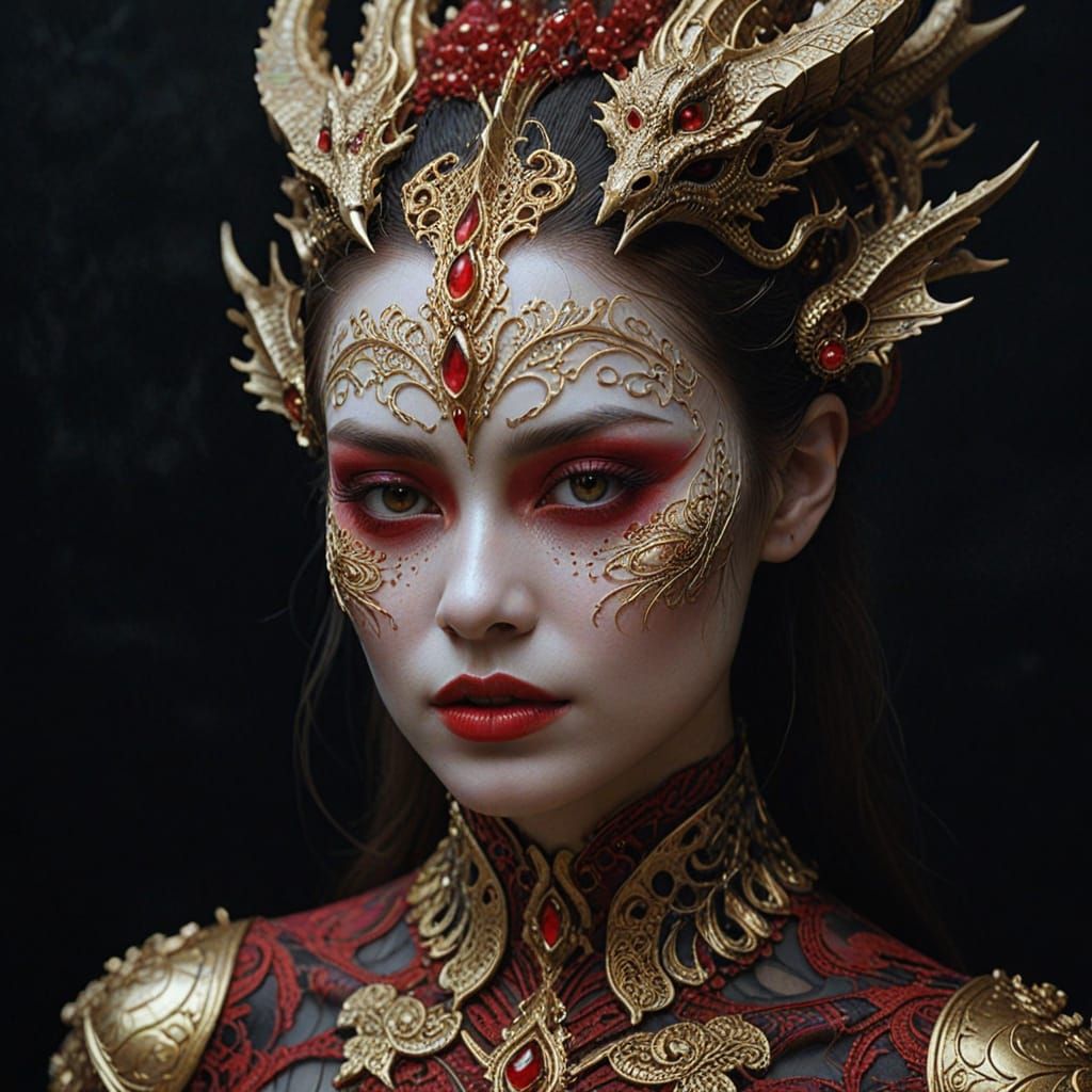 Ethereal Beauty in Red and Gold: A Surreal Portrait