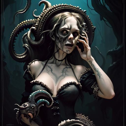 Grim Kraken Attacks Ship in Gothic Horror Style