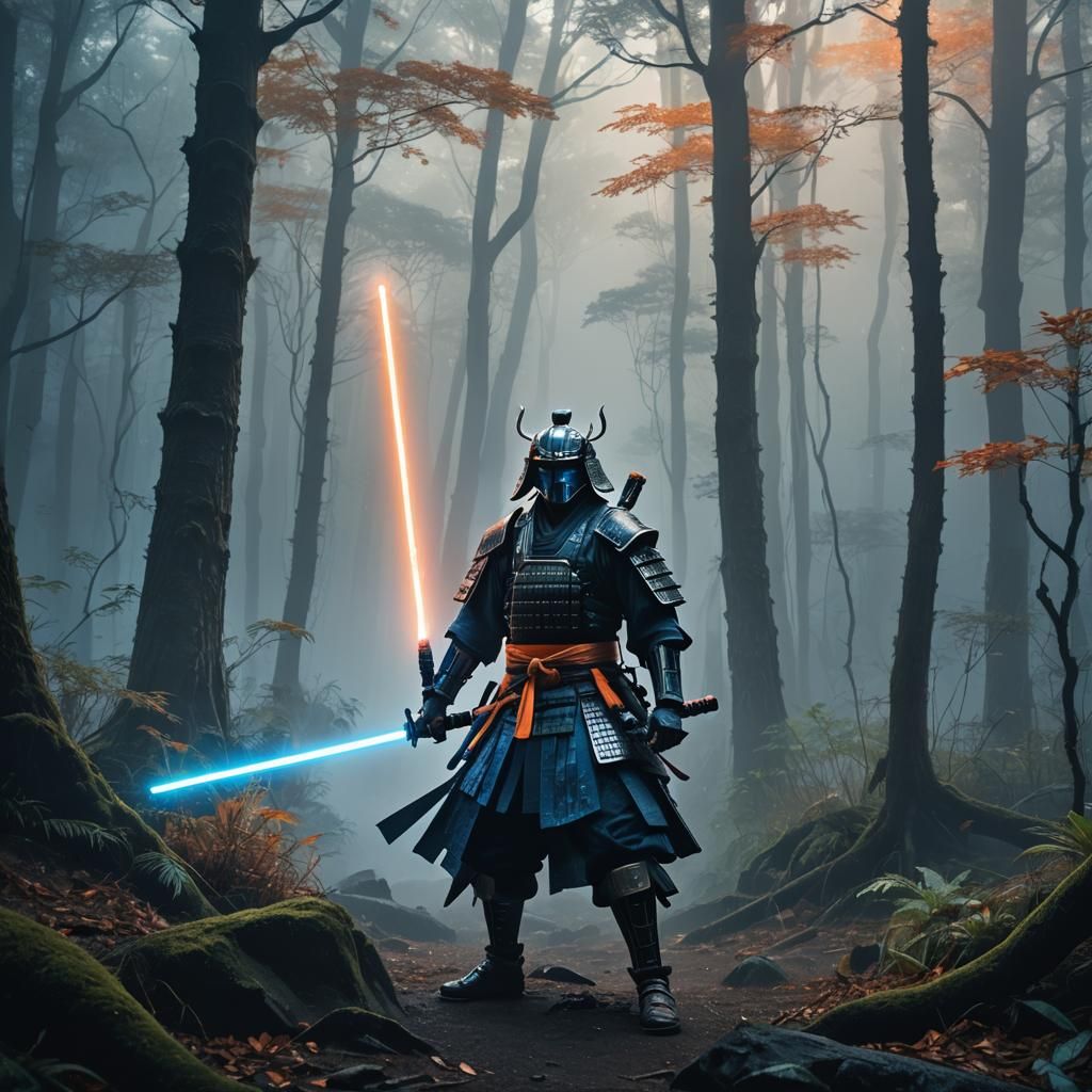 Samurai with Lightsaber in Misty Forest: Fantasy Concept Art