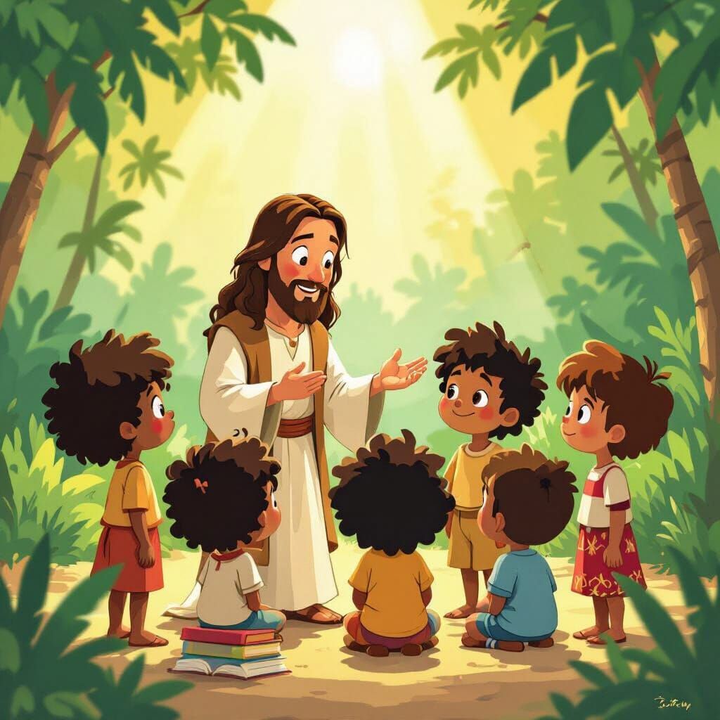 Jesus Teaches Papua New Guinean Children in Cartoon Style