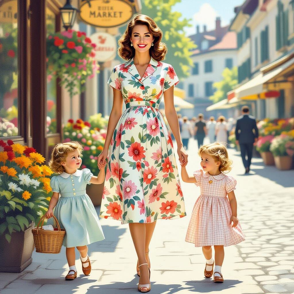 Stylish Mother and Children in 1960s Geneva