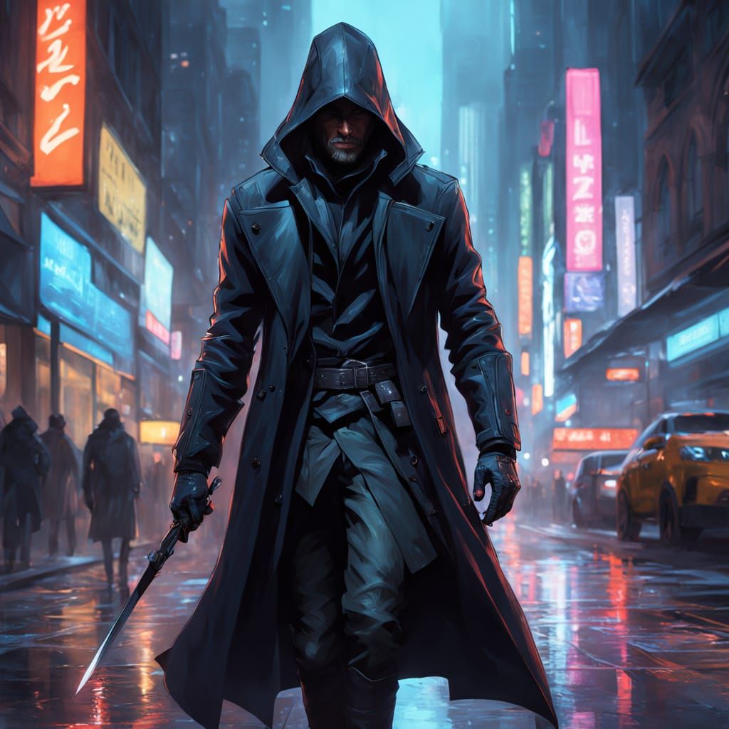 Mysterious Assassin in Neon City, Digital Painting