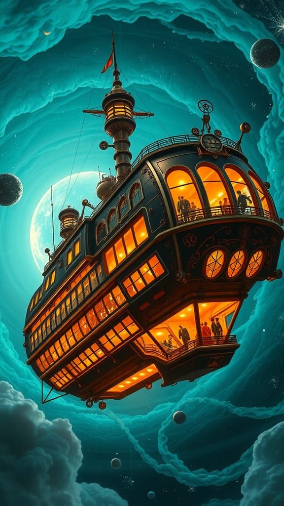 Steampunk Airship in Turquoise Nebula
