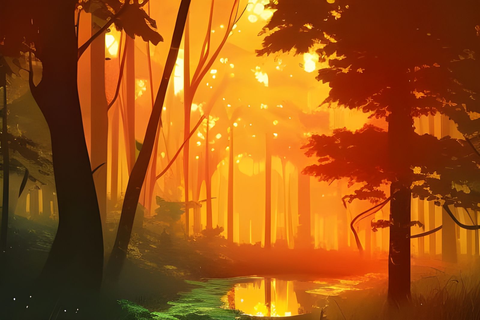 Enchanted Autumn Forest River in Anime Style