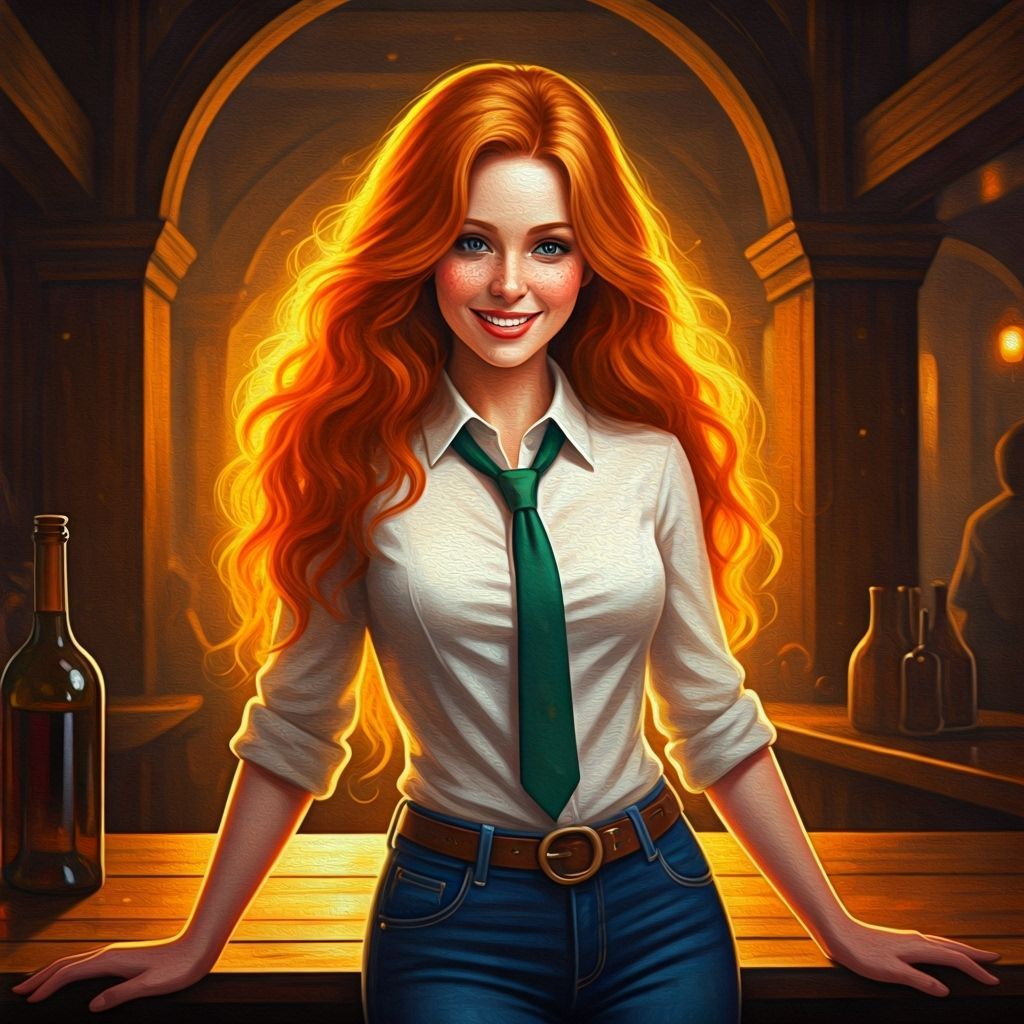Ethereal Redhaired Bartender in Golden Aura, Impressionist O...