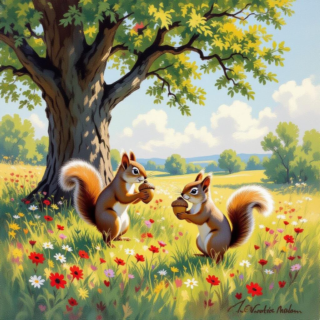 Squirrels Chase in Sun-Drenched Meadow, Impressionistic Styl...