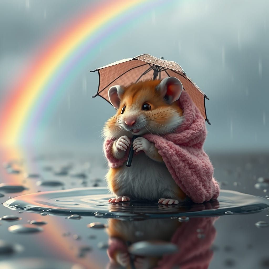 Whimsical Hamster in Rainbow Umbrella Scene