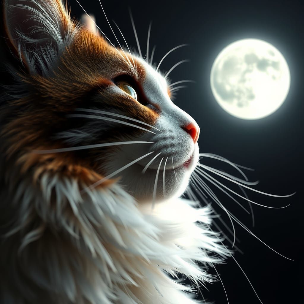 Calico Cat Gazing at Moon, Hyperrealistic Digital Art