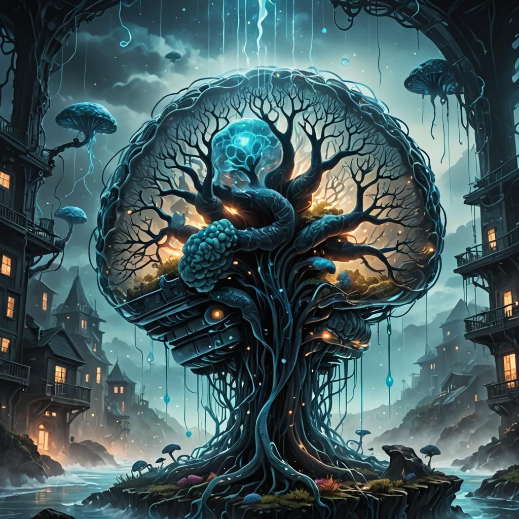 Surreal Brain Structure in Glass A, Dark Fantasy Art