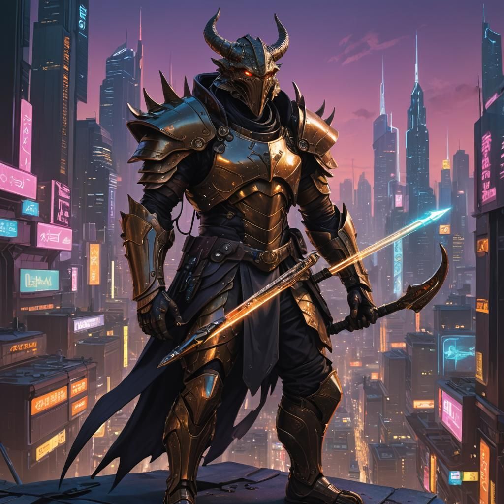 Cyberpunk Dragonborn Cleric in Neon Cityscape