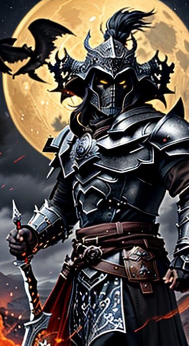 Dark Fantasy Warrior in Metal Armor, Flaming Sword, and Orna...