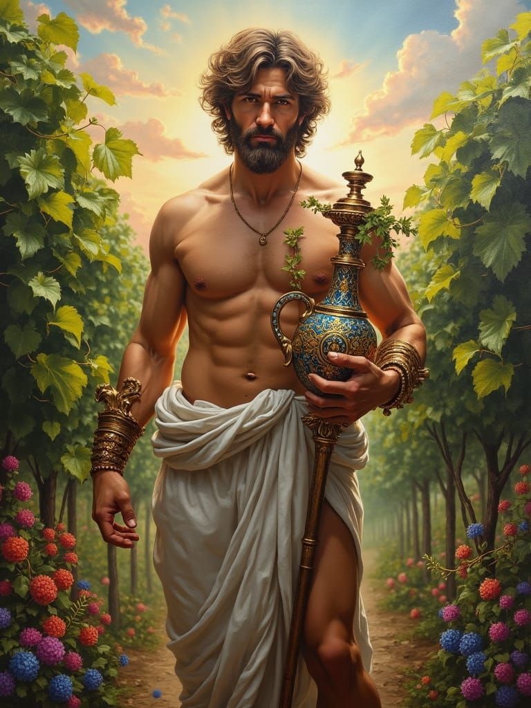 Dionysus in Vineyard: Renaissance Oil Painting