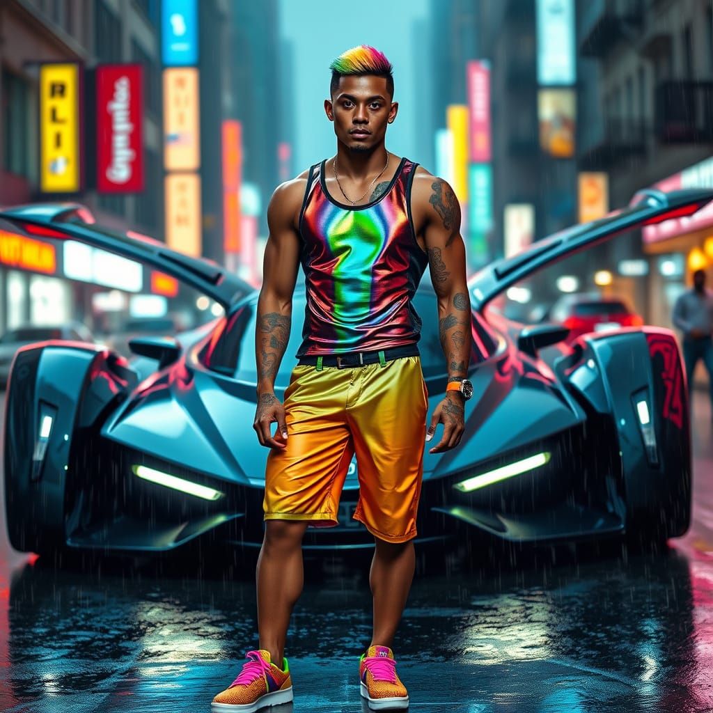 Handsome Man in Neon City with Flying Car