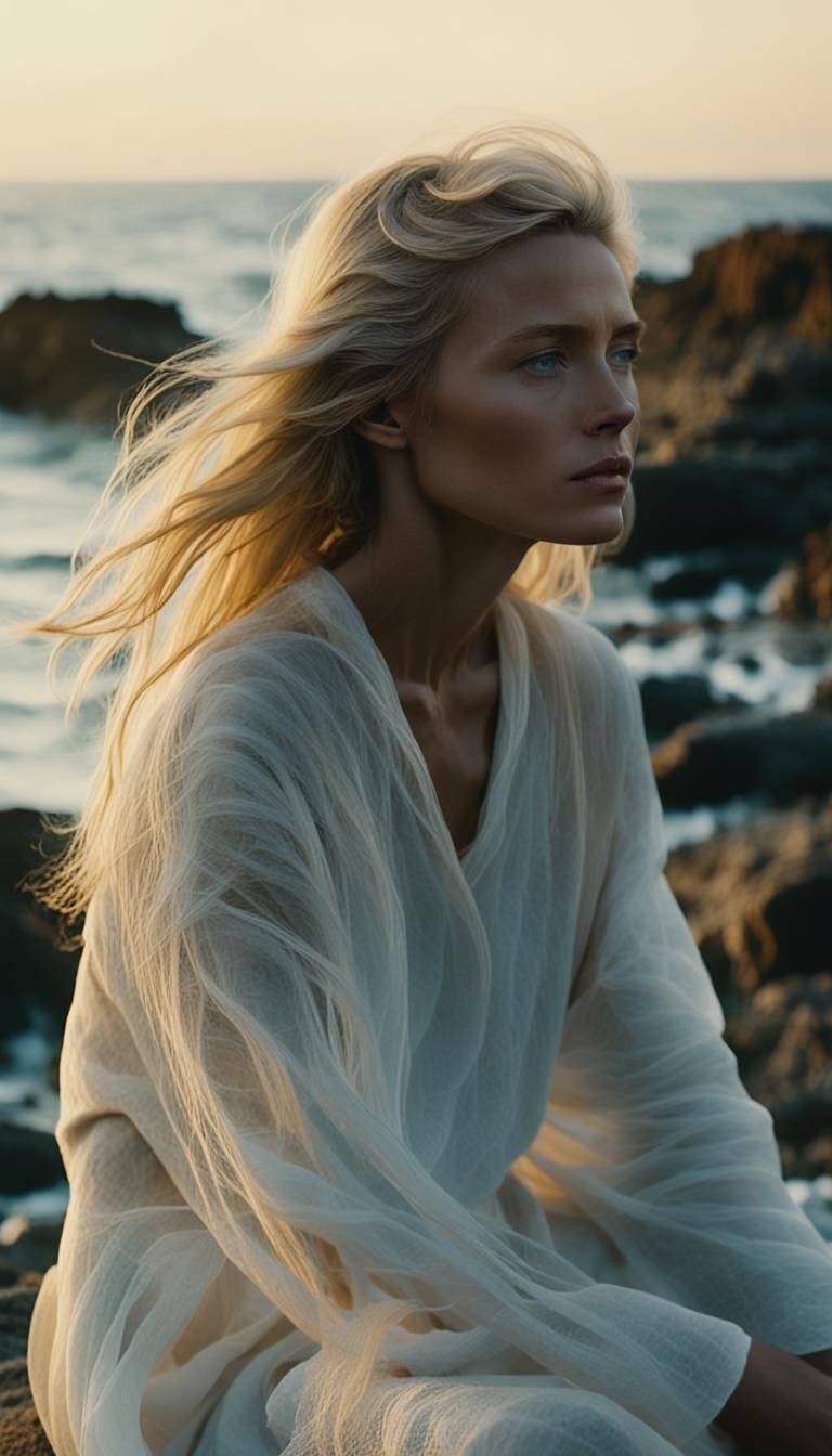 Blond Woman on Rocky Beach at Golden Hour