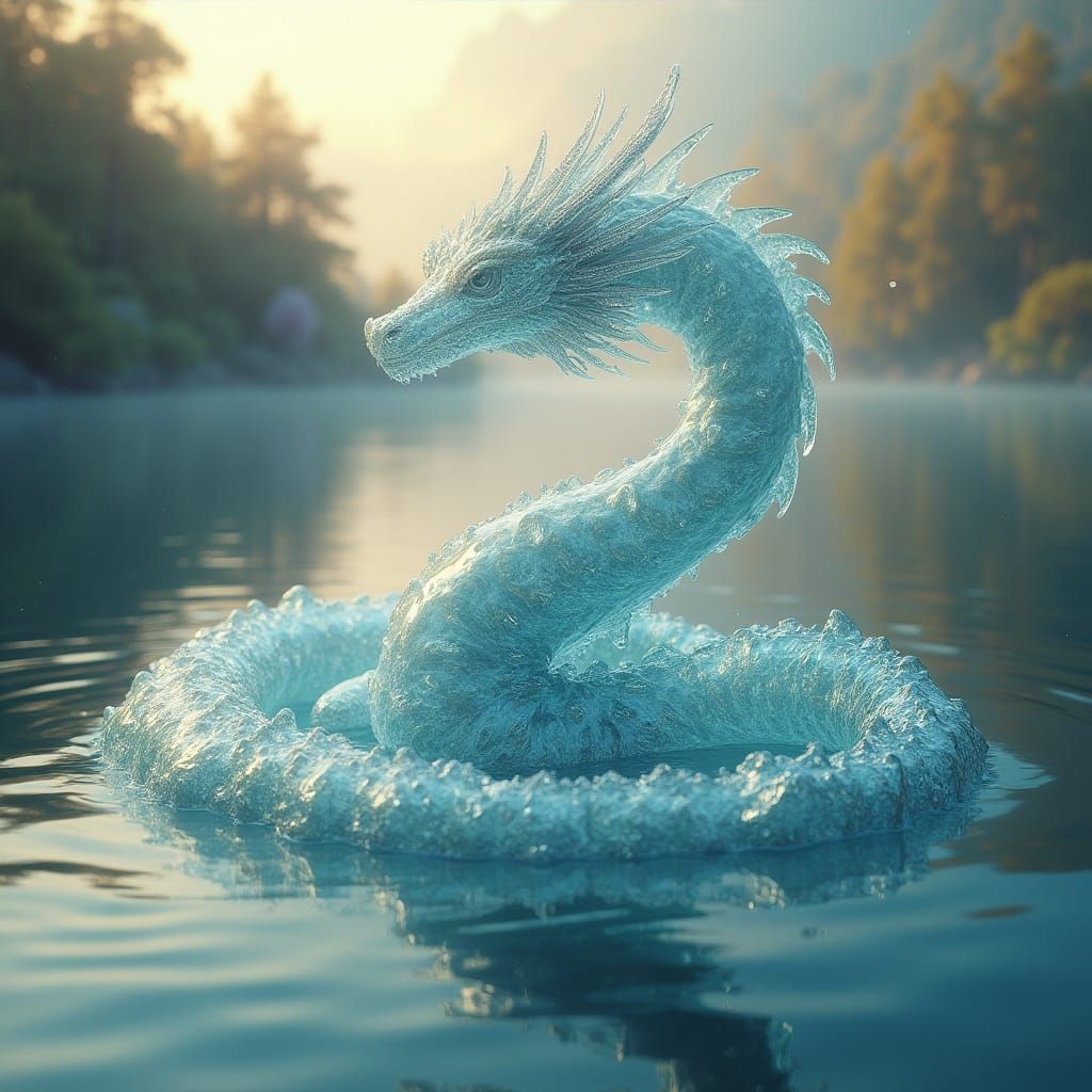 Ethereal Water Dragon Rises from Serene Lake