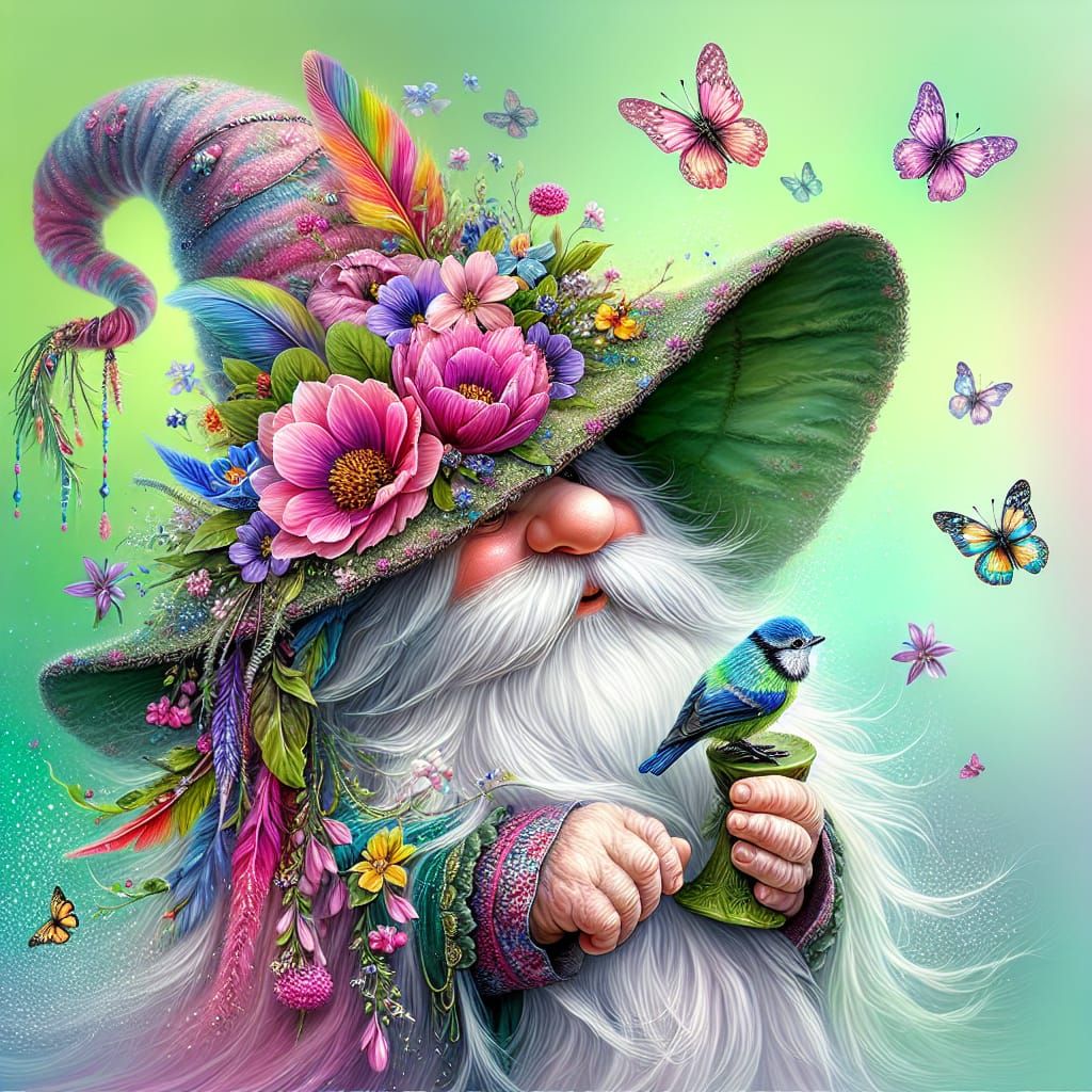 Whimsical Gnome in Spring with Floral Hat