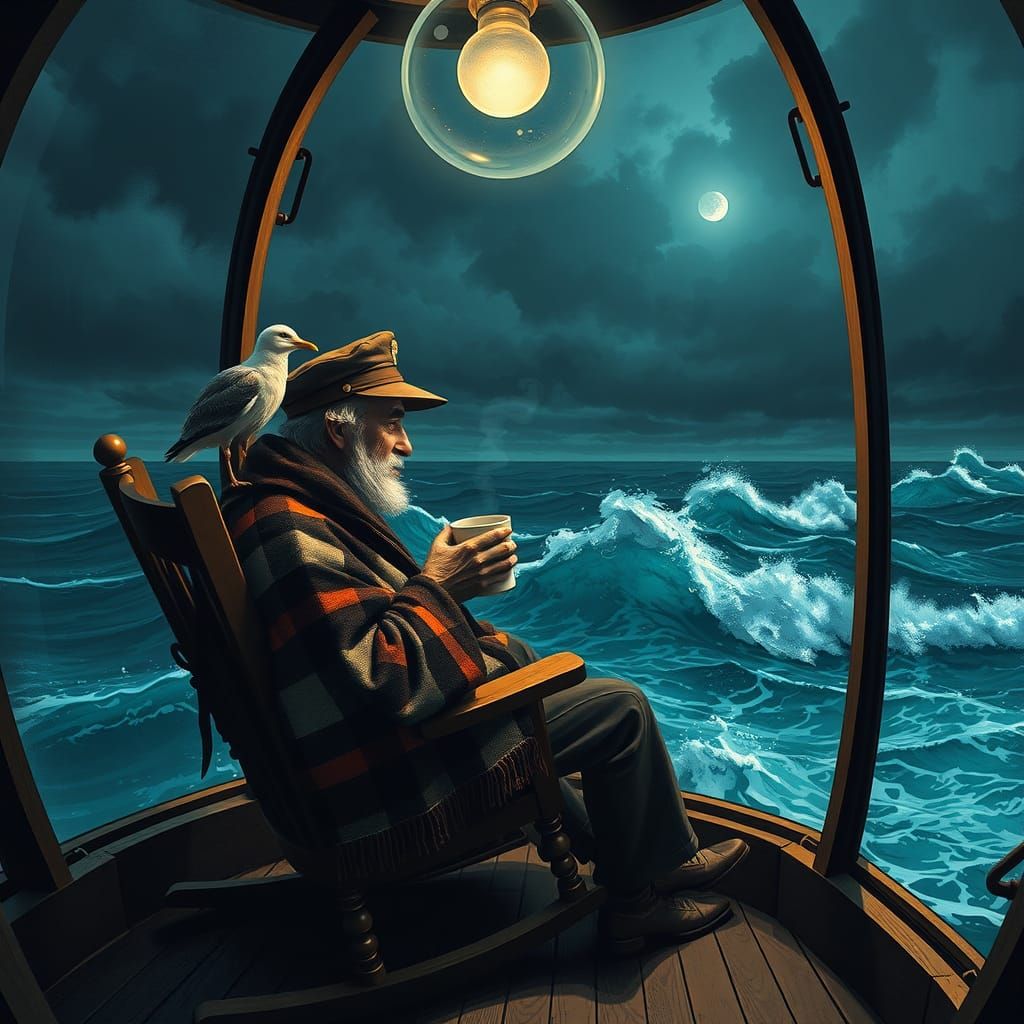 Lighthouse Keeper Observes Storm in Lantern Room