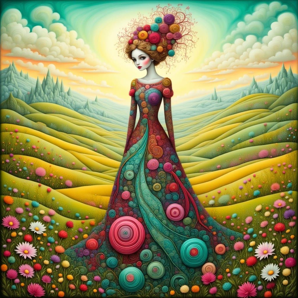 Woman in Patchwork Dress in Golden Meadow