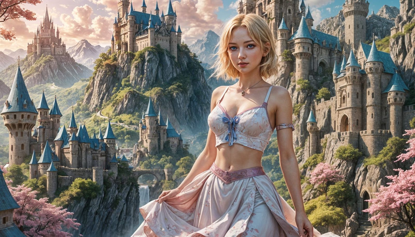 Anime Style Blonde Woman in Fantasy Landscape