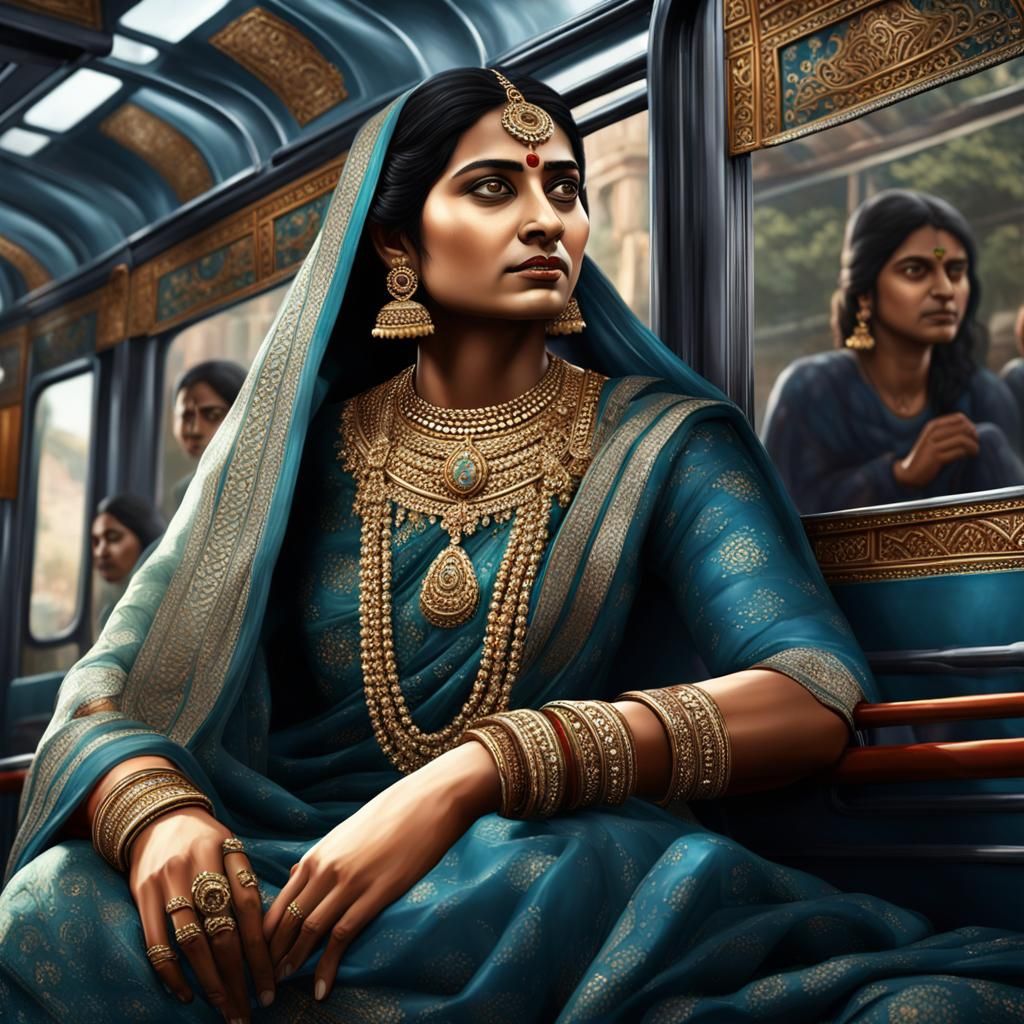 Indian Woman with Panther on Bus, Hyperrealistic Render
